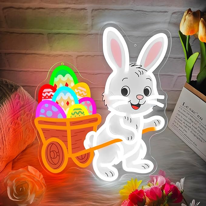 Easter Bunny Neon Sign Dimmable Easter Bunny with a Cart for Eggs Neon Light for Wall Decor Led Happy Easter Light Up Sign for Window