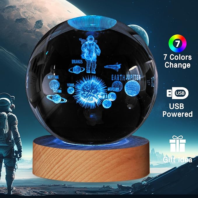 3D Astronaut Crystal Ball Lamp,3.15inch Multi-Color Changing Bedroom Decor Night Lights,Christmas Gifts Birthday Gift for Boys,Girls
