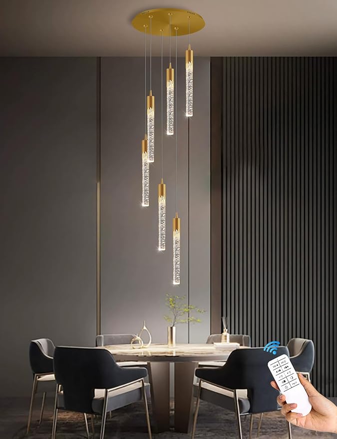 Flashing God 6-Lights Gold Modern Chandelier for High Ceiling Crystal Bubble Chandelier Light Fixture,Luxury Modern Pendant Light Fixture for Dining Room Dimmable with Remote
