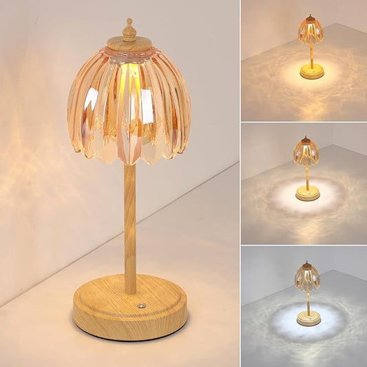 Tulip Table Lamp with 5200mAh Battery & Touch Control, Small Cordless Table Lamp with 3 Colors, Rechargeable Battery Operated Table Lamps for Bedroom, Desk, Bedside (Amber-Beech Color)