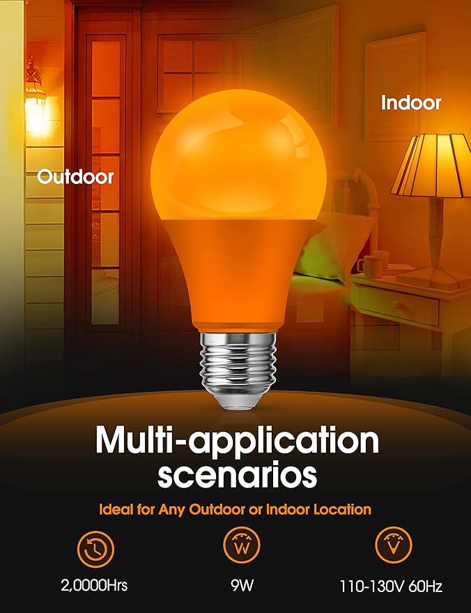 LOHAS Halloween Orange LED Light Bulbs Outdoor, A19 9W(60W Equivalent) Orange Colored Light Bulb, E26 Base for Thanksgiving Day, New Year, Porch Home Lighting, Wedding Party, Bar Decor, Non-Dim 2-Pack