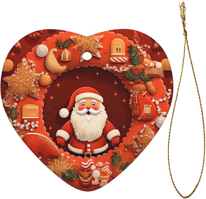 Christmas Wreath Santa Claus Cookies Christmas Ornaments, Christmas Decorations Xmas Tree Hanging Ornaments, Heart-Shaped Ceramic Festive Keepsake Gift for Christmas Decorations Holiday Home Party