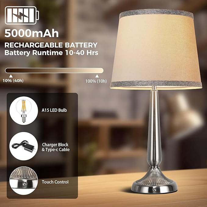 PARTPHONER Cordless Table Lamp, 5000mAh Battery Rechargeable Touch Lamp, 3-Level Brightness Bedside Lamps, Modern Portable Design, Battery Operated Desk Lamp for Patio Camping, Dining, Home, Nickel