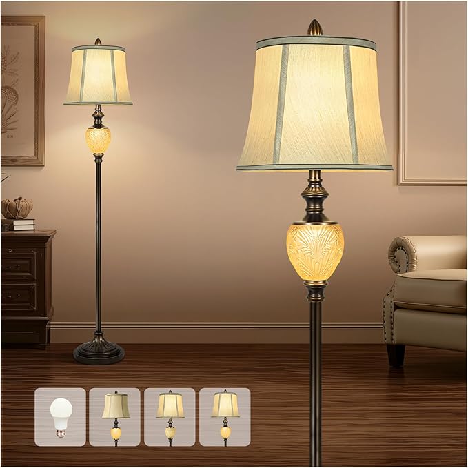 Vintage Floor Lamp with Nightlight, 64" Tall Lamp with Beige Faux Silk Shade, Rotary Switch, Farmhouse Design Brown Standing Lamp for Living Room Bedroom Office Dining Room Corner (LED Bulb Included)