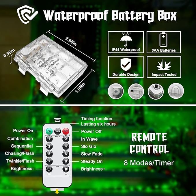 JMEXSUSS 2 Pack Green Fairy Lights Battery Operated, Total 400 LED 132ft Twinkle String Lights with Remote, 8 Modes Halloween Lights for Tree Fireplace Bedroom Indoor Outdoor Xmas Halloween Decor