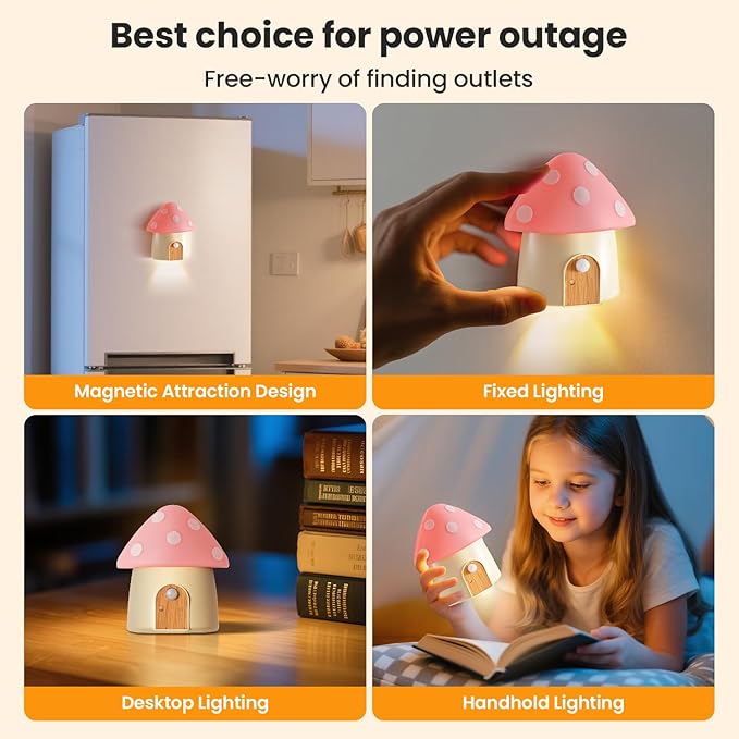 Mushroom Night Light, Rechargeable Motion Sensor Lights, 3 Color Temperatures 3000/4500/6000K & Dimmable Nightlight, Portable Led Night Lamps for Wall, Bedroom, Hallway, Pink, 2 Pack