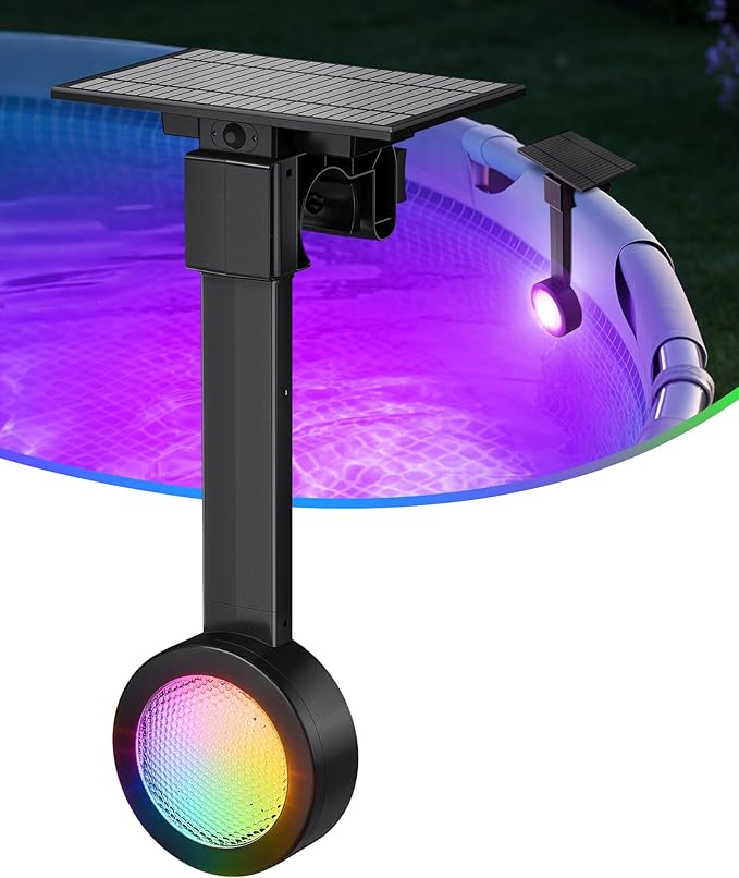Solar Pool Lights for Metal Frame Above Ground Pools with Remote, 15in 5W LED RGB Underwater Swimming Pool Light Fixture, 7 Colors 2 Modes, IP68 Waterproof, Dusk Auto On & Timer Off, Black