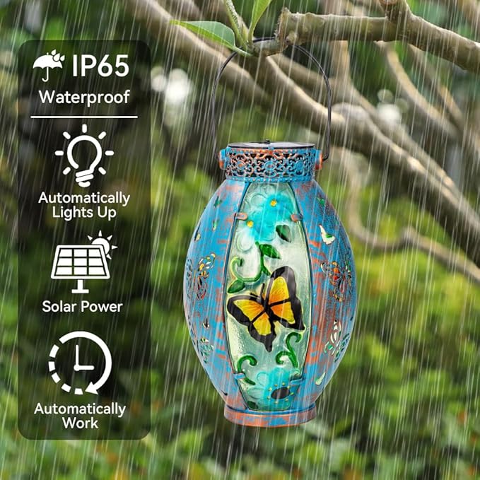 Butterfly Hanging Solar Lantern Outdoor Garden Decor, Butterfly Lantern Memorial Gardening Gifts for Mom Grandma, Solar Lights for Outside Waterproof Table Decor
