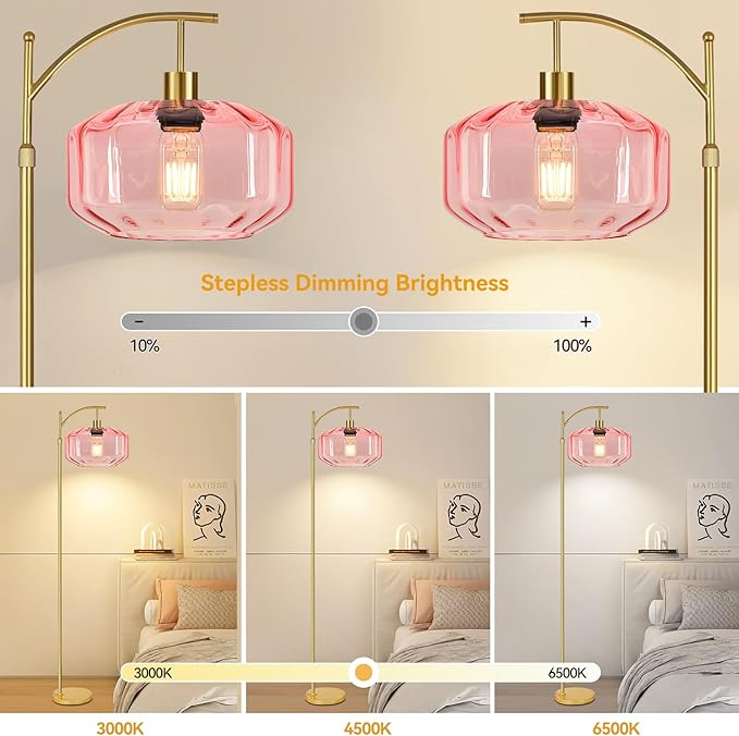 Vintage Floor Lamps for Living Room Glass Floor Lamp with Remote Control & 3 Color Temperature,Dimmable Floor Lamp Gold Mid Century Modern Standing Lamp Brass Tall Pink Floor Lamps for Bedroom Corner