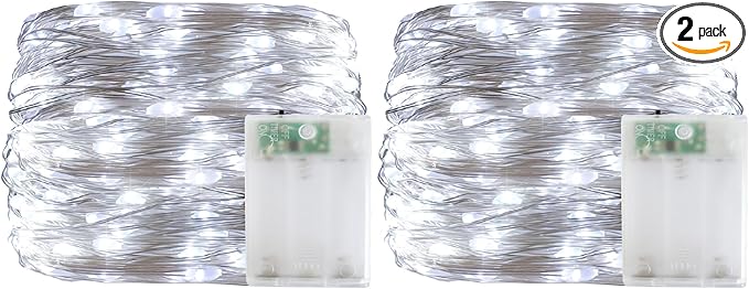 YAOZHOU Christmas Decorations Cool White Fairy String Lights, Battery Operated with Timer, 2 Pack Total 33FT 100 Led Mini Battery Powered Mason Jar Waterproof Firefly Lights DIY Party