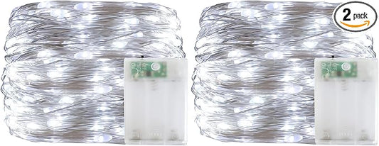 YAOZHOU Christmas Decorations Cool White Fairy String Lights, Battery Operated with Timer, 2 Pack Total 33FT 100 Led Mini Battery Powered Mason Jar Waterproof Firefly Lights DIY Party