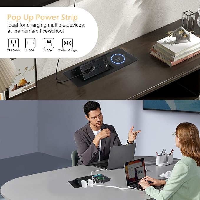 Table Pop Up Outlet Automatic Pop Up Strip Center Countertop Recessed Power Strip with 15W Wireless Charger + USB A + USB C + 2AC 5.9Ft Cord for Conference Desk Office Kitchen (Black-Wireless)