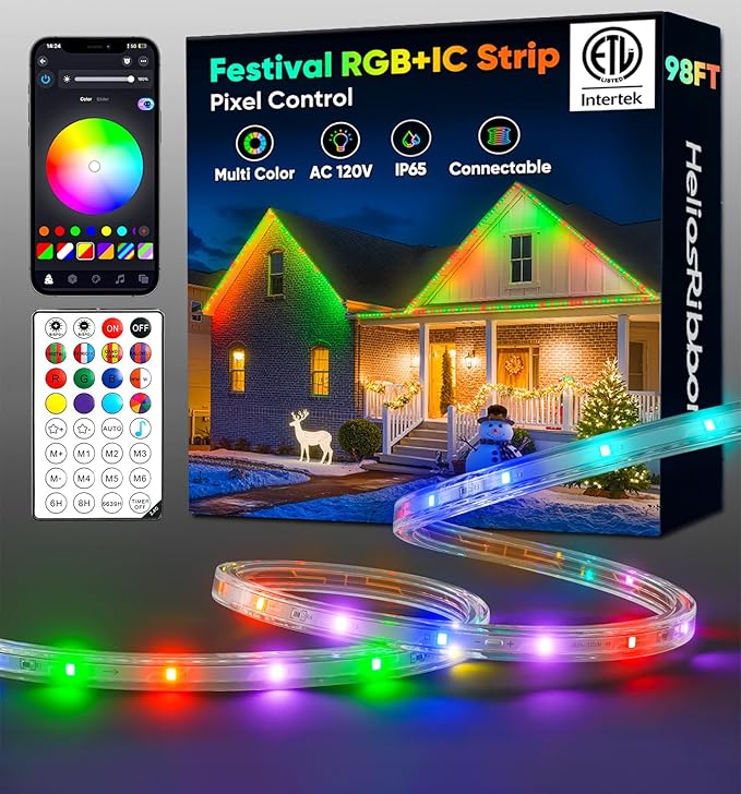 98FT Outdoor LED Strip Lights RGB+IC with Warm&Cool White, ETL Listed Music Sync Light Strip AC 120V, IP65 Waterproof and Connectable, for Party Festival Eave Porch Patio Every Day Decor
