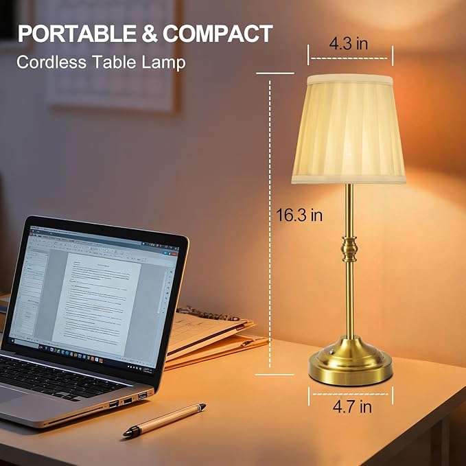 Cordless Table Lamp Rechargeable, 5200mAh Battery Operated Lamp, 3-Way Dimmable Bedside Lamps for Bedroom with Fabric Shade, Small Touch Desk Lamps for Living Room,Kitchen,Patio,Balcony,Bar
