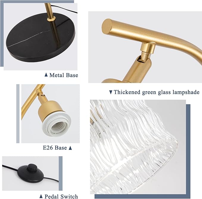 Dimmable Glass Floor Lamp for Living Room, Modern Gold Standing Lamp with Remote Control, Vintage Clear Glass Lampshade Tall Lamp for Bedroom Study Room(LED Bulb Included)