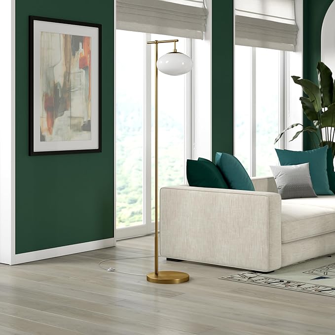 Henn&Hart 68" Tall Arc Floor Lamp with Glass Shade in Brushed Brass/Mil White, for Home, Living Room, Bedroom, Entertainment Room, Office, Kitchen, Dining