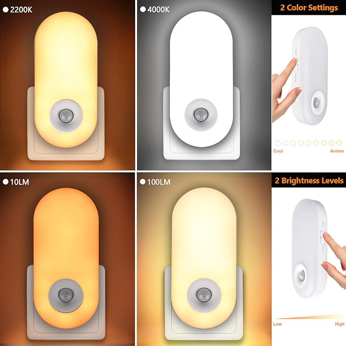 Dawnrise Night Lights Plug into Wall, Motion Sensor Night Light Plug in Indoor, 38 LED Dimmable 100LM or 10LM and 2 Color Temperature Lights for Bedroom, Stairs, Kitchen, Hallway, Utility Room 2PK