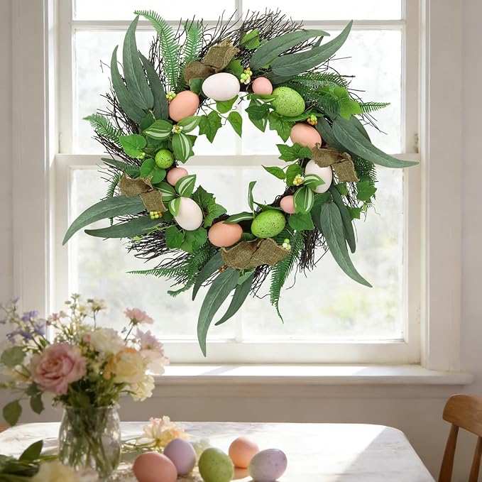 20 Inchs Spring Easter Wreath, Farmhouse Artificial Spring Wreath, Decor with Colorful Easter Eggs, Brown Fabric Strips & Green Eucalyptus Leaves, for Door Wall Window Fences