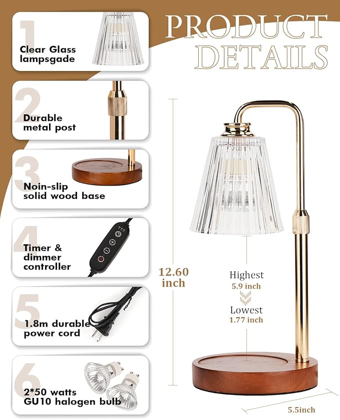 Candle Warmer Lamp with Timer Dimmable Crystal Vertical Stripe, Birthday Gifts for Women Mom, Adjustable Candle Warmer with 2 Bulbs, Candle Lamp Warmer for Jar Candles, House warming Home Decor