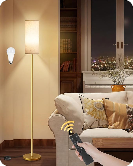 Dimmable Floor Lamps for Living Room with Remote and Foot Switch, 64.4” Modern Standing Tall Lamp, Corner Lamp for Bedroom, Bulb Included, 3000K-6500K, White and Gold, FCC Listed DW06LD05W1