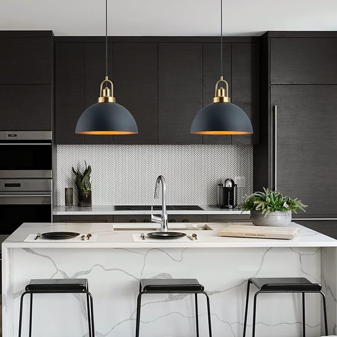 Vintage Pendant Light 13.58 "Industrial Pendant Light Dome Black and Gold line Length 78.74" for Kitchen Island, Dining Room, Bedroom,Farmhouse Pendant Lighting