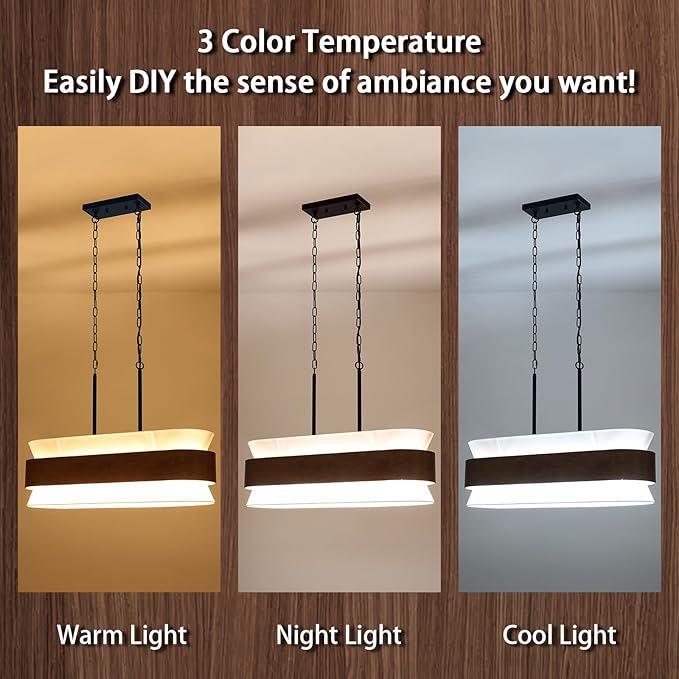 31.5" Farmhouse Kitchen Island Chandelier 4-Light Dining Room Light Fixture, 2-Tier Chandelier with Wood Grain Finish and White Fabric Shade, Adjustable Pendant Lights for Kitchen Island Over Table