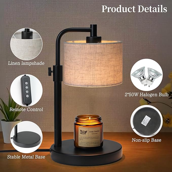 Candle Warmer Lamp, Candle Lamp Warmer with Timer Adjustable Height Wax Warmer Lamp for Jar Candles, Birthday Gifts for Women House Warming Gifts (Black Linen)
