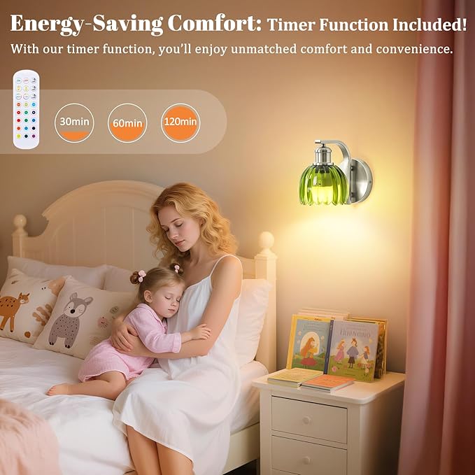 Rechargeable Battery Operated Wall Sconce with Green Glass Lampshade, Wireless Wall Scone Decor with Remote Control, 15 Colors Brushed Nickle Wall Light for Bedside Hallway Bedroom Doorway