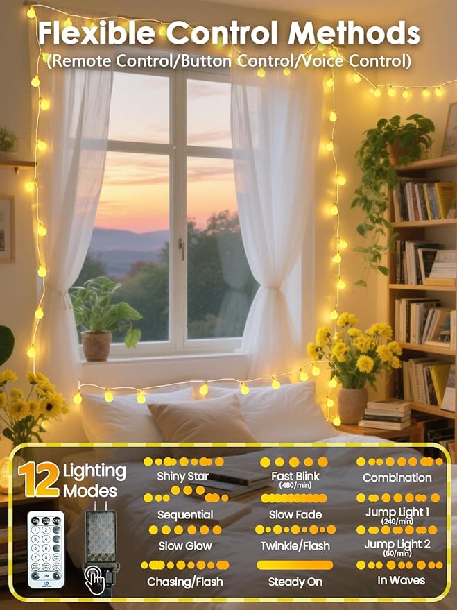 LORRYTE 2026 New Connectable 43FT Smart Voice Controlled Globe String Lights Indoor Outdoor | 100LED Warm White Fairy Lights with Remote & Timer | 12 Modes Waterproof Room Classroom Decorations