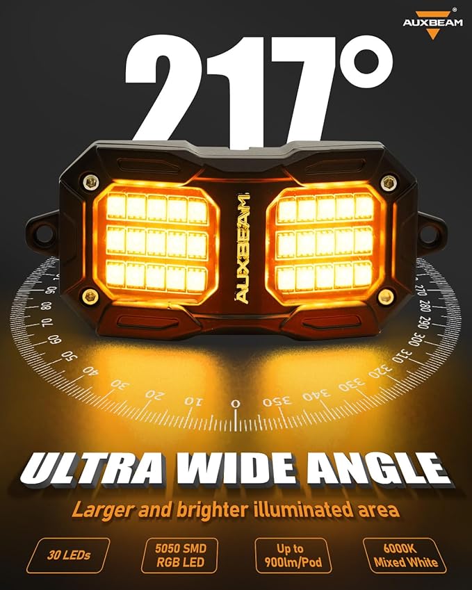 Auxbeam 4 Pods LED Rock Lights w/Brake Mode, Chasing Color RGB Wheel Well Lights w/Bluetooth APP& Remote Control, Music Voice Sync Underglow for Trucks UTV ATV Boat Waterproof, 1 Year Warranty