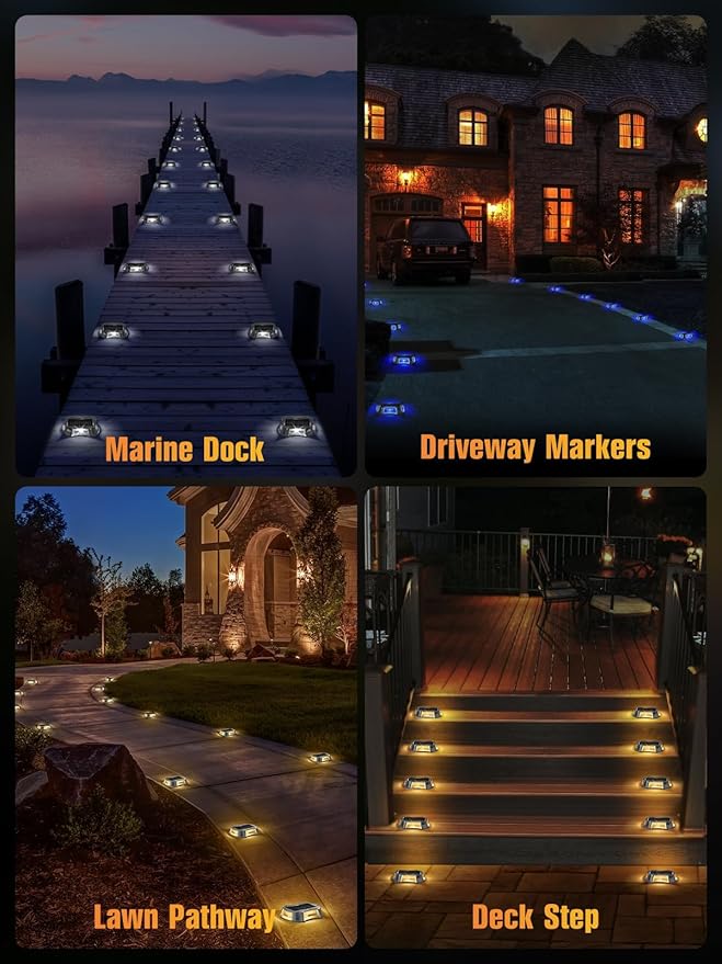 Solar Driveway Lights Solar Dock Lights 9 Colors in 12 Pack, Waterproof IP68, Outdoor, for Driveway Markers, Marine Dock, Pathway, Sidewalk, Warning Step