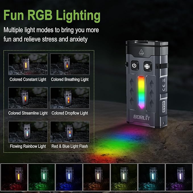 BORUIT EV20L LED Rechargeable Small EDC Flashlight with Green Beam,Pocket Keychain Flashlights with RGB Side Light,IP66 Waterproof,Clip & Tail Magnet for Outdoors Emergency Camping,Aluminum Black