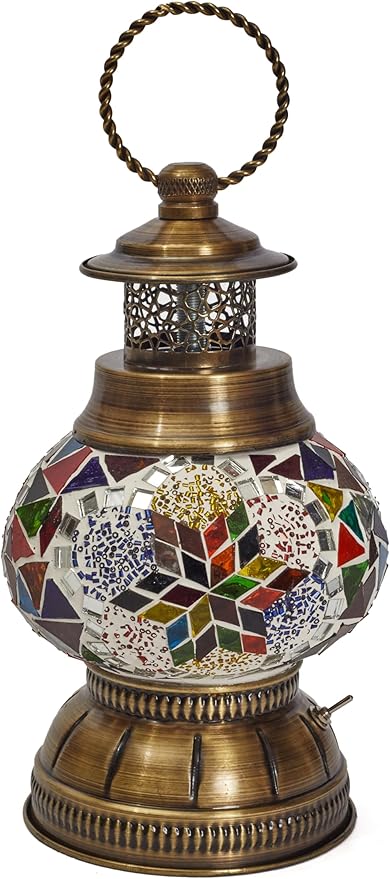 Portable Turkish Mosaic Lamp – Handmade Tiffany-Style Glass Light with Bronze Base and LED Bulb – Battery Powered Bedside Decor Lamp (Colorful Star Pattern) – Globe Size 6.5"