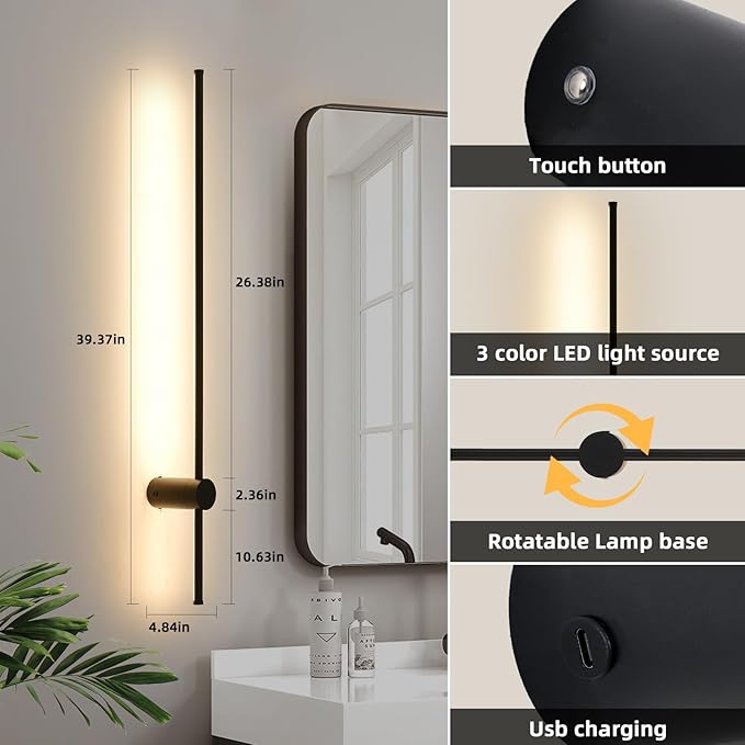 LED Wireless Wall Sconce with Remote Control, Dimmable/350° Rotate/Timing/USB Rechargeable Battery Powered Indoor Wall Lamps, 39.9 inch Black Wall Lights Set of Two for Hallway, Living Room, Bedroom
