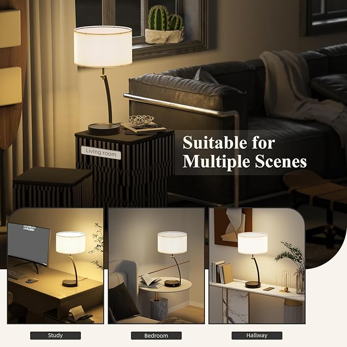 Bedside Table Lamp - 3-Way Dimmable Touch Lamps for Bedroom, Black Nightstand Lamp with USB C+A Charging Ports, Simple Modern Side Lamps for Living Room, Entryway, Hallway, Bulb Included