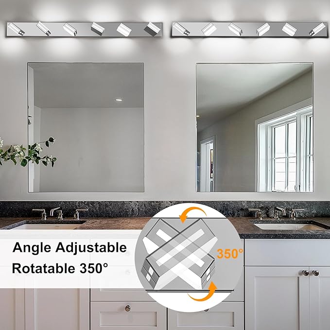 48-Inch 6-Light LED Modern Chrome Bathroom Vanity Light Fixtures Over Mirror, Bathroom Lighting Fixtures with Cool White 6000K, Rotatable Vanity Wall Lights for Bath Restroom Powder Room