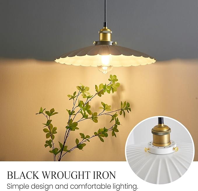 Plug in Pendant Light 13.8 Inch White Round Metal Shade Vintage Hanging Lamp Plug in 14Ft Adjustable Dome Industrial Hanging Plug in Light for Living Room 2Pack
