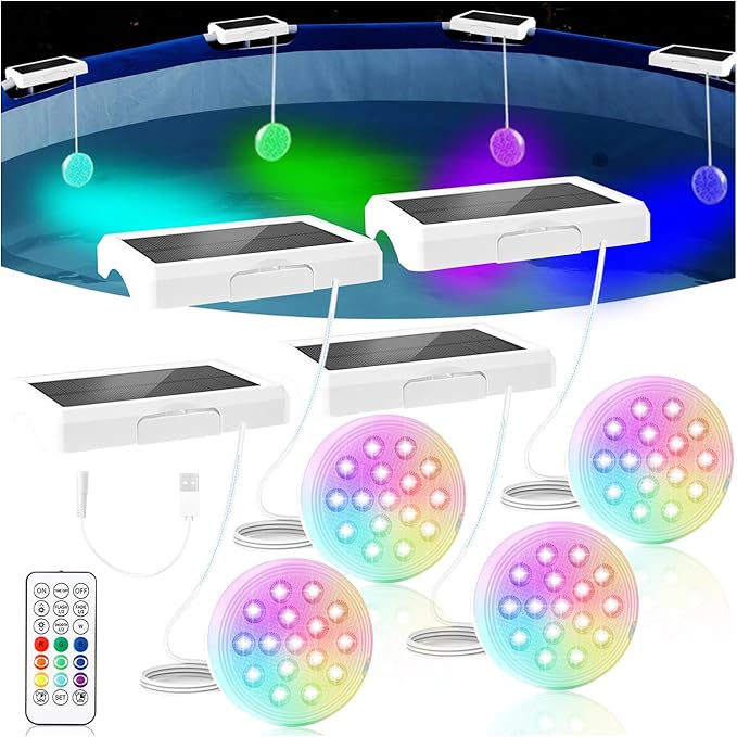 Solar Pool Lights for Inground Pools, Upgraded USB Rechargeable IP68 Waterproof Underwater Light, 4.55 Inch 22 Colors Changing Outdoor Solar Lights with Magnet for Above Ground Pools 4 Pack