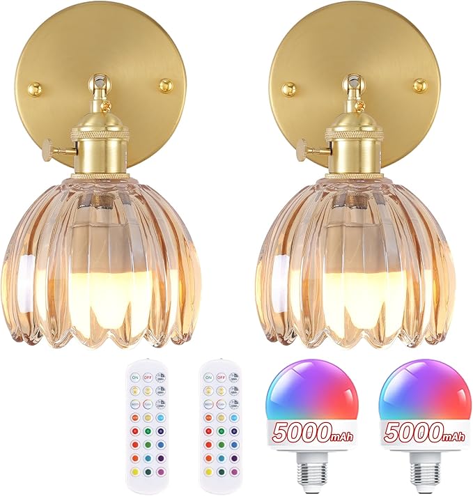 Vintage Battery Operated Wall Sconce with Amber Tulip Glass Lampshade 5000 mAh Rechargeable Battery Powered Wall Light with Remote Control for Bedside Bedroom Doorway, Set of 2
