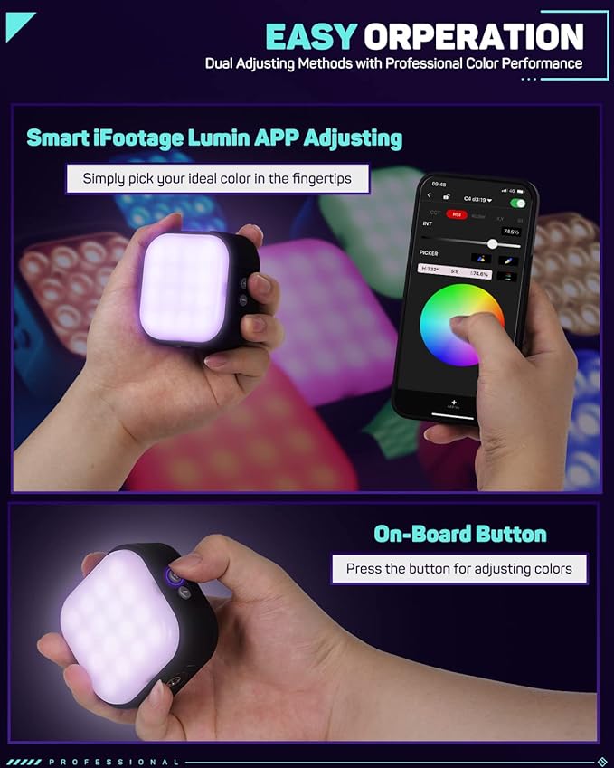 IFOOTAGE On Camera Video Light, Portable RGBW Smart Camera Light, Smart APP Control/18 Lighting Effects/Rechargeble/Magnetic Attraction, Photography Camera Light for Youtube/TikTok/Vlog, C4 Mint Green