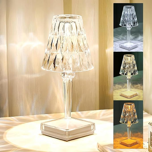 Crystal Cordless Lamp, Touch Dimmable 3 Color LED Rechargeable Romantic Small Lamp, Battery Operated Decor Night Light for Bedroom, Living Room, Party, Dinner, Bar