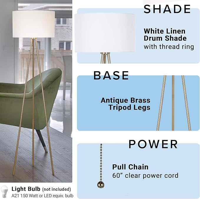 Catalina Lighting 22965-000 Mid-Century Modern Tripod Floor Lamp, Standing Lamp, Living Room Floor Light, LED Bulb NOT Included, 61.25", Antique Brass
