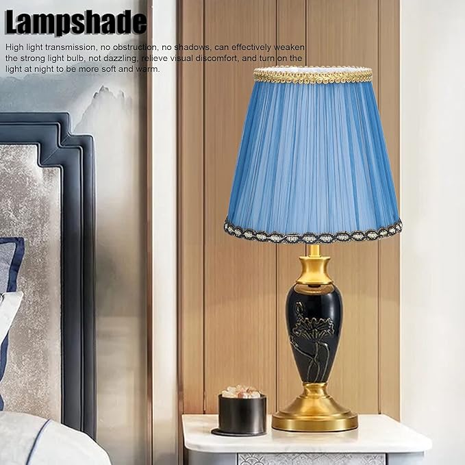 3Pcs Small Lamp Shade, Clip on Pleated Barrel Lampshade with Gold Trim Fabric Lampshade for Table Chandeliers Wall Floor Lamp, 3.9" Top x 5.3" Bottom x 4.9" Height (Blue)