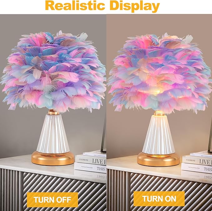 Colorful Feather Table Lamp Cute Ceramic Fluffy Bedside Lamp Princess Furry Nightstand Light Girl Romantic Desk Lamp for Girl Bedroom Living Room Office Nursery Valentines Wedding Decor