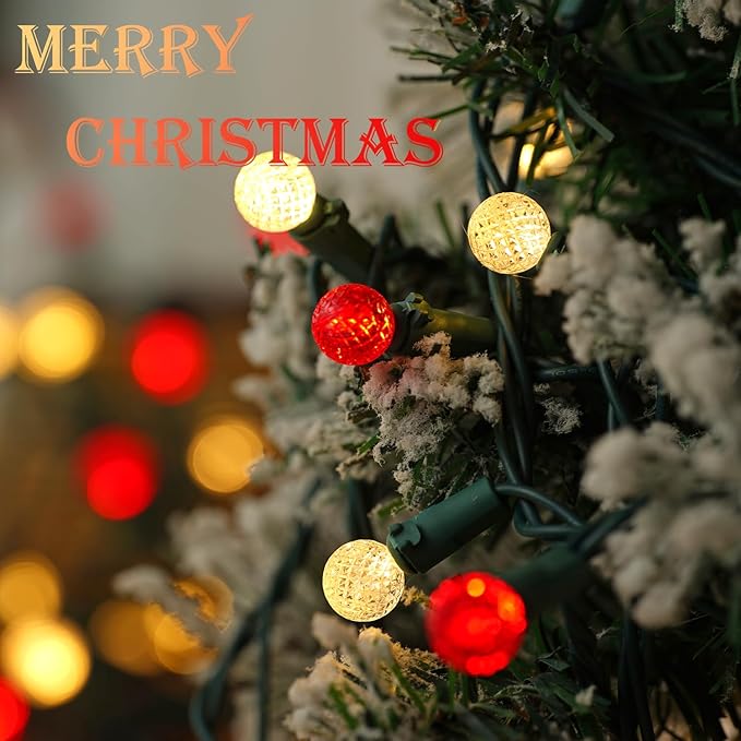 BOHON Christmas Lights Outdoor Faceted G15 50 LED 17ft Plug in Mini Globe String Lights Waterproof Extendable Green Wire for Indoor Patio Xmas Thanksgiving Tree Decoration Red and Warm White