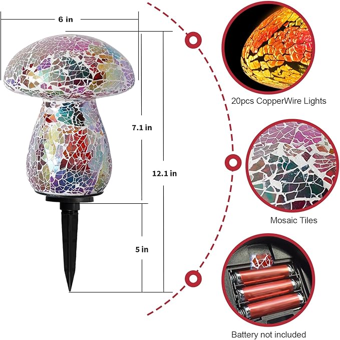 Mosaic Mushroom Garden Lights - Table Lamp Outdoor Decor Waterproof Night Light Lawn Decor Statue for Patio, Party, Yard (Red)