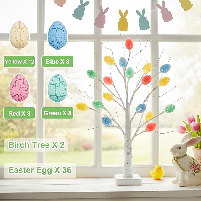 PEIDUO Easter Decorations, 2 Pcs Lighted Easter Tree with 36 Eggs, Battery Powered Birch Tree with Timer for Spring Decoration Indoor Decor (22inch /24 LEDs