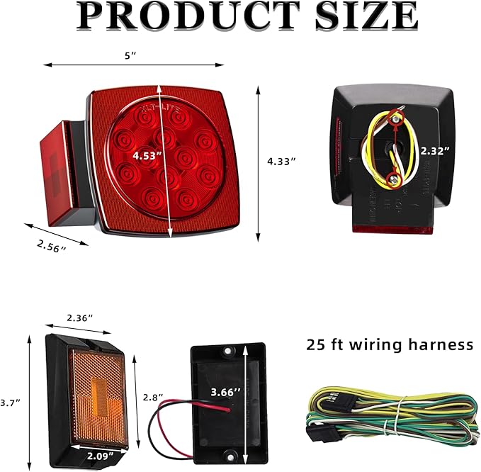 Cyfie LED Trailer Light Kit, Super Bright Submersible Brake Stop Turn Tail License Lights for Under 80" Camper Truck RV Boat Snowmobile, IP68 Waterproof, DOT Certified, 25ft Wiring Harness