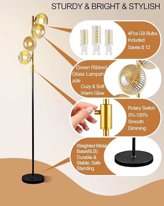 Lightdot 64IN Dimmable Floor Lamp with Glass Globe Shade, Modern Gold &Black Standing Lamps with 4PCS Warm White Bulbs Included, Mid Century Floor Lamp for Living Room/Sofa Beside/Corner Decor