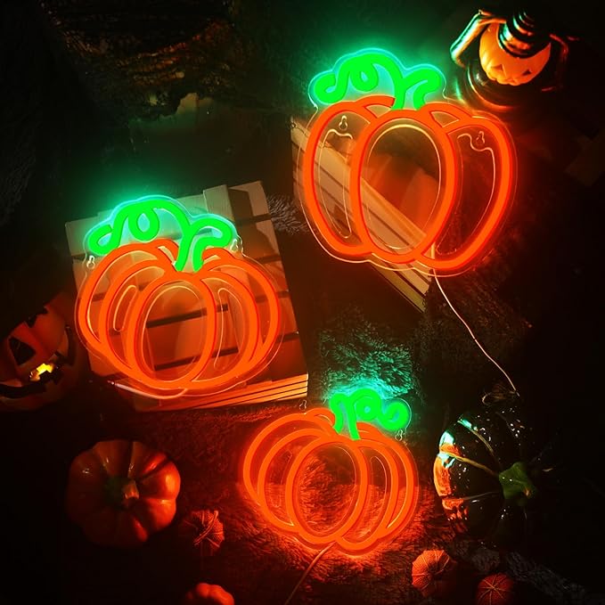 Treela 3 Pcs Fall Pumpkin Window Lights Halloween Neon Light Thanksgiving Neon Sign LED Light up Pumpkin Decor for Bedroom Home Kitchen Harvest Decorations